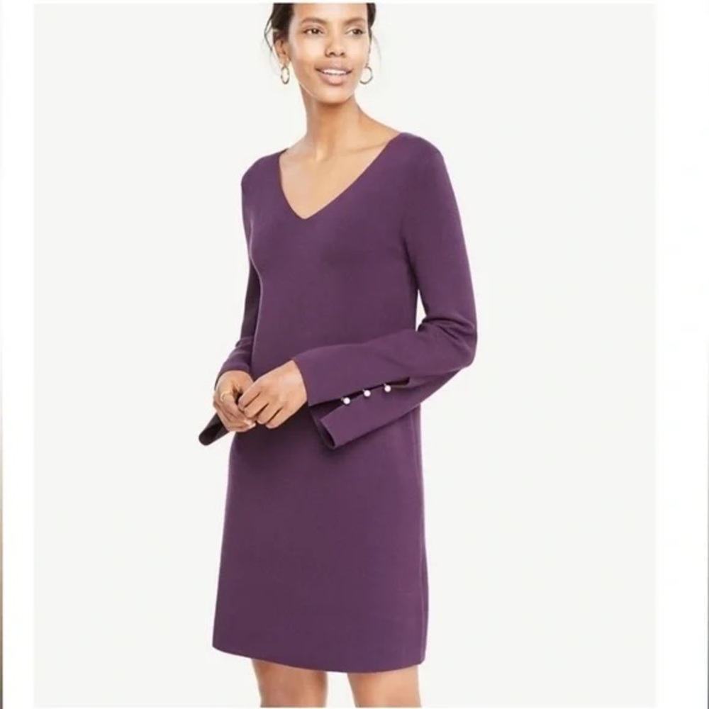 Ann Taylor Petite Pearl Cuff Sweater Dress, Deep Plum Purple XSP, MSRP $139